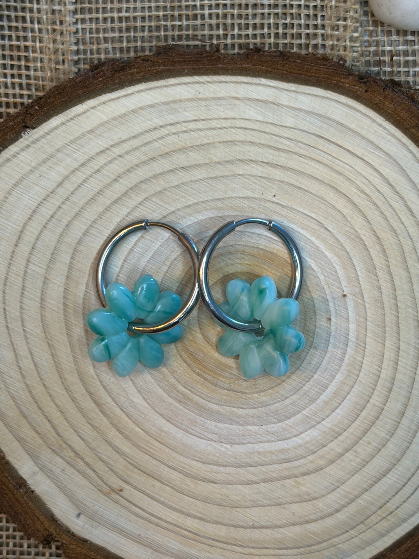 Pampille vert ambré + créole argent 20 mm