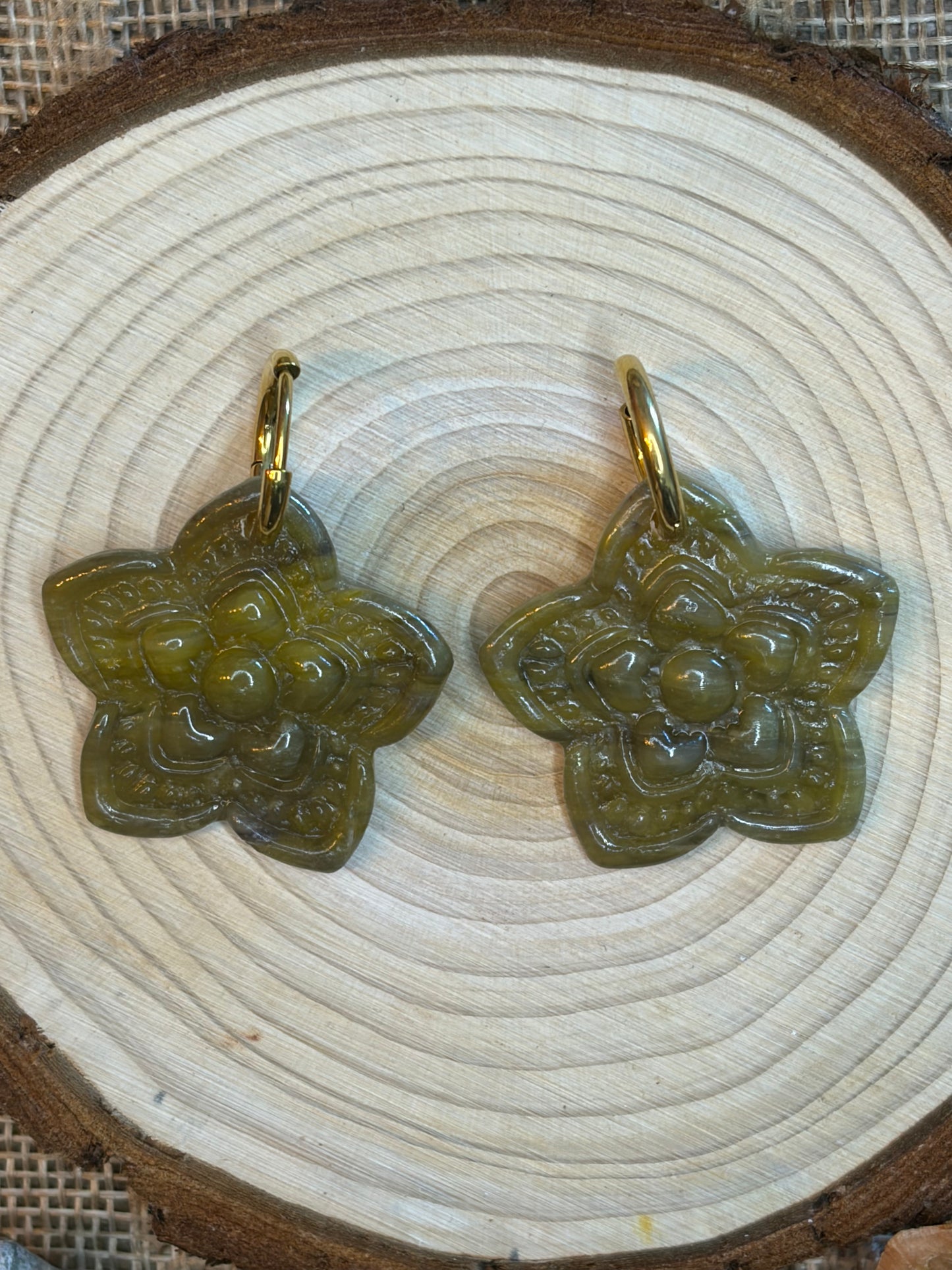Pampille Anis verte ambrée + créole dorée 14 mm