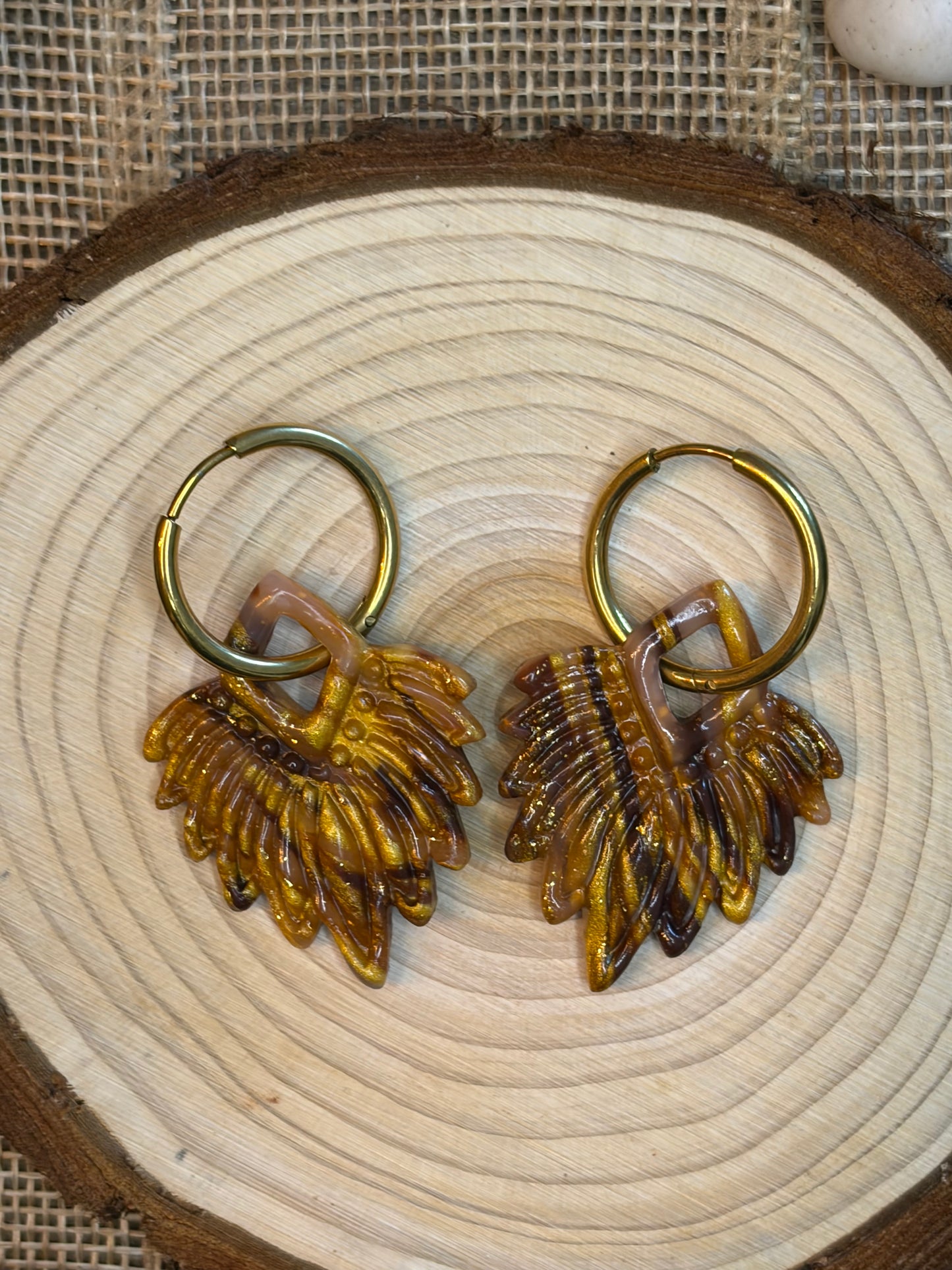Pampille Apache marron ambré + créole dorée 20 mm