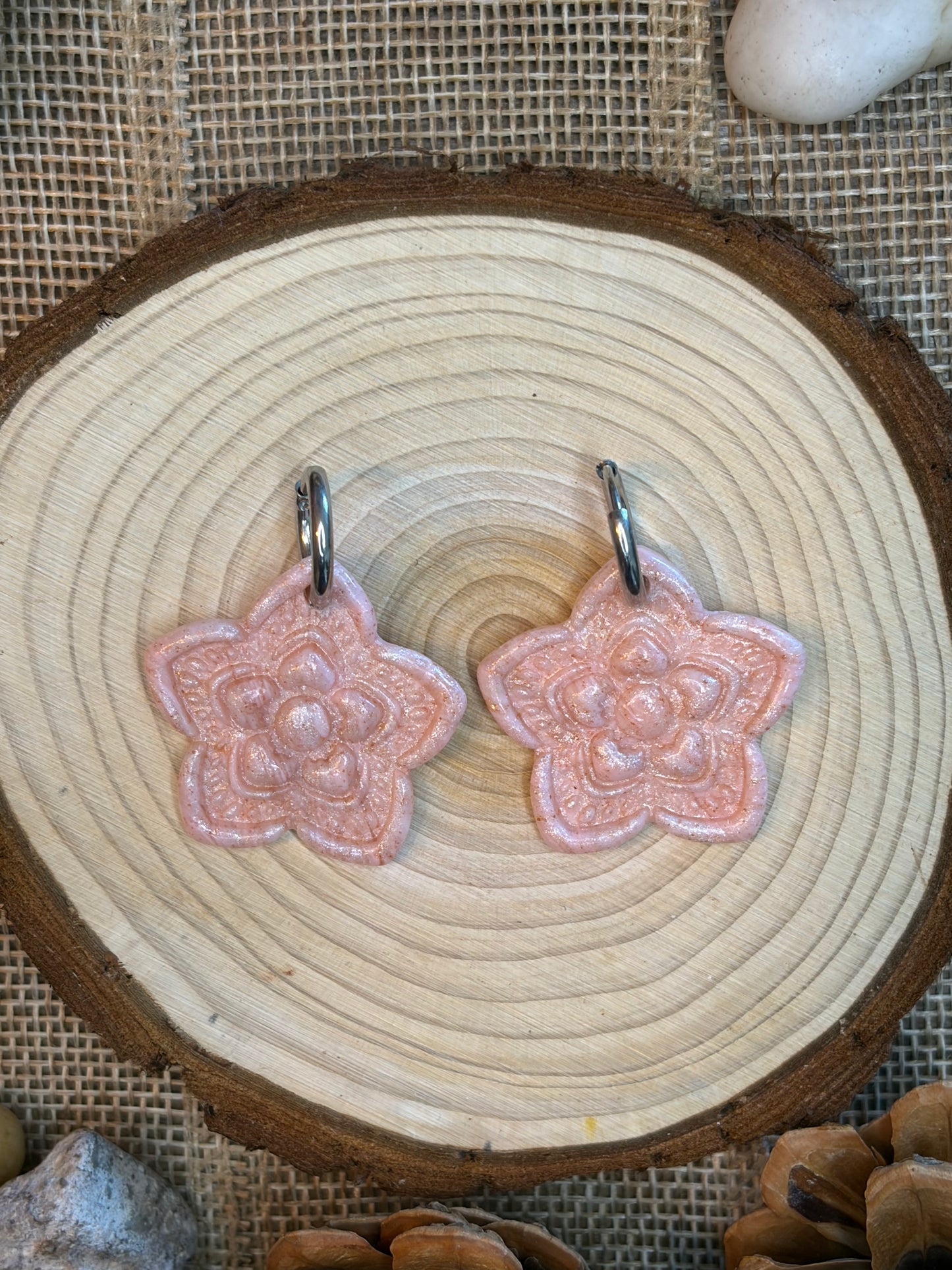 Pampille Anis rosé nacré + créole argent 14 mm